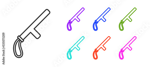 Black line Police rubber baton icon isolated on white background. Rubber truncheon. Police Bat. Police equipment. Set icons colorful. Vector