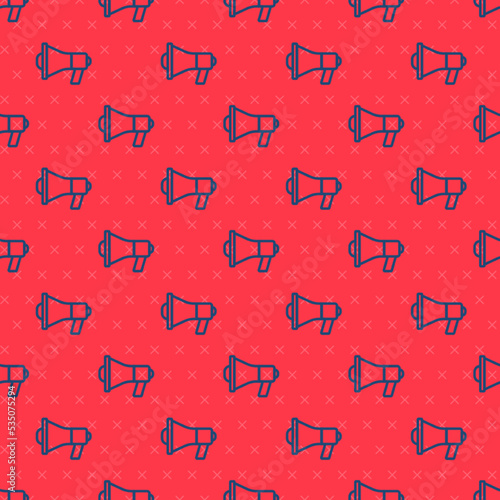 Blue line Megaphone icon isolated seamless pattern on red background. Speaker sign. Vector photo