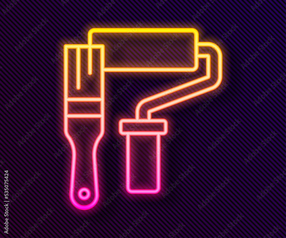 Glowing neon line Paint roller brush icon isolated on black background. Vector Glowing neon line Paint roller brush icon isolated on black background. Vector
