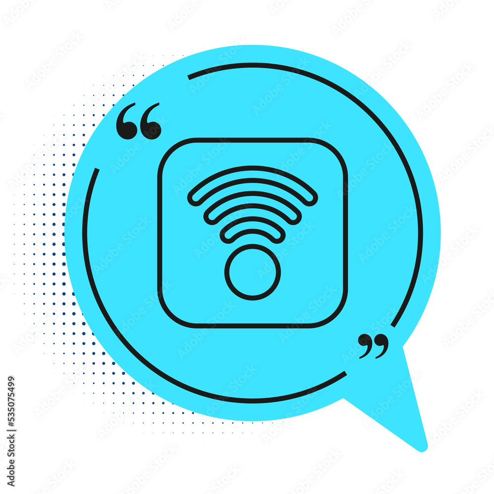 Black line Wi-Fi wireless internet network symbol icon isolated on white background. Blue speech bubble symbol. Vector Black line Wi-Fi wireless internet network symbol icon isolated on white background. Blue speech bubble symbol. Vector