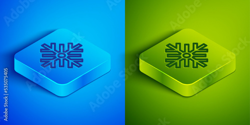 Isometric line Snowflake icon isolated on blue and green background. Merry Christmas and Happy New Year. Square button. Vector