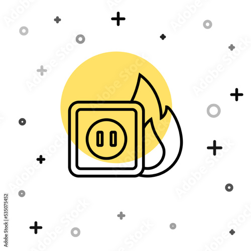 Black line Electric wiring of socket in fire icon isolated on white background. Electrical safety concept. Plug outlet on fire. Random dynamic shapes. Vector