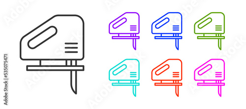 Black line Electric jigsaw with steel sharp blade icon isolated on white background. Power tool for woodwork. Set icons colorful. Vector