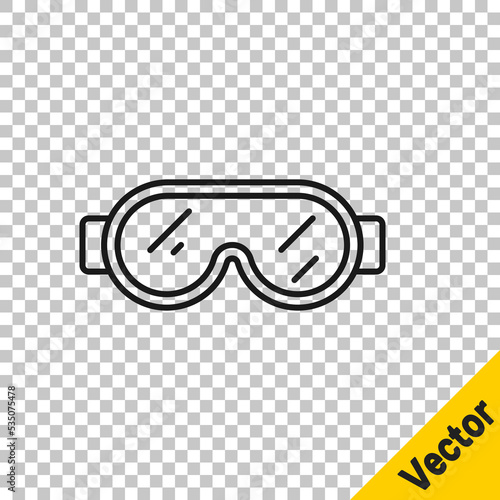 Black line Safety goggle glasses icon isolated on transparent background. Vector