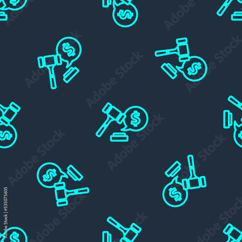 Green line Auction hammer price icon isolated seamless pattern on blue background. Gavel - hammer of judge or auctioneer. Bidding process, deal done. Auction bidding. Vector