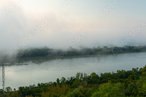 Foggy morning sunrise along the Ohio River valley in Cincinnati, Ohio. 