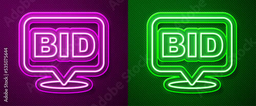 Glowing neon line Bid icon isolated on purple and green background. Auction bidding. Sale and buyers. Vector