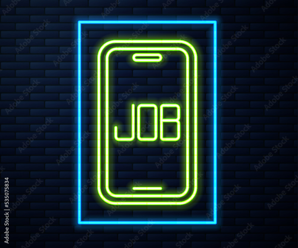 Glowing neon line Search job icon isolated on brick wall background. Recruitment or selection concept. Human resource and recruitment for business. Vector Glowing neon line Search job icon isolated on brick wall background. Recruitment or selection concept. Human resource and recruitment for business. Vector