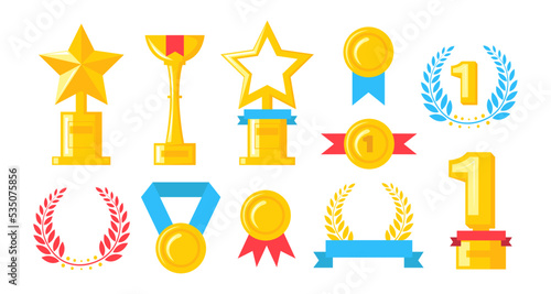Set of gold awards in cartoon style. Vector illustration of first place award in uniform, cup, medal, wine on white background.