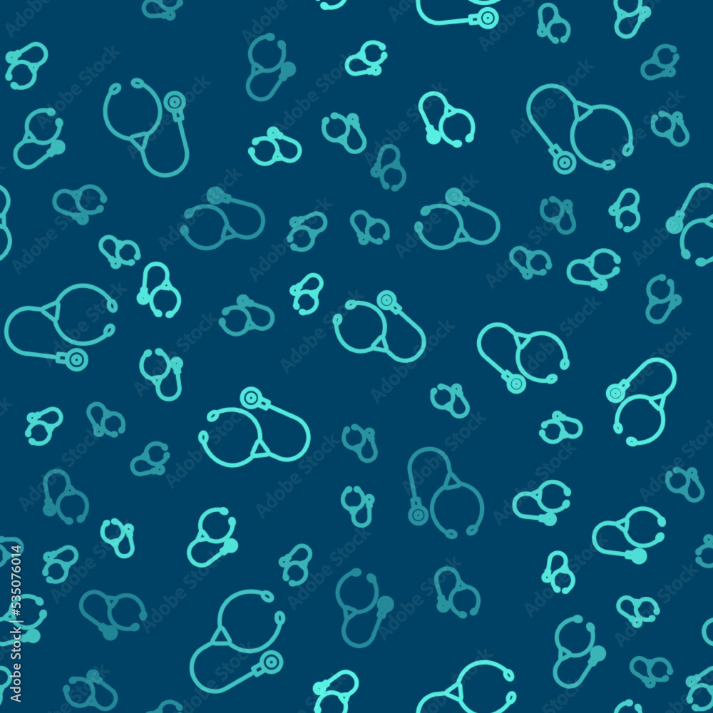 Green line Stethoscope medical instrument icon isolated seamless pattern on blue background. Vector