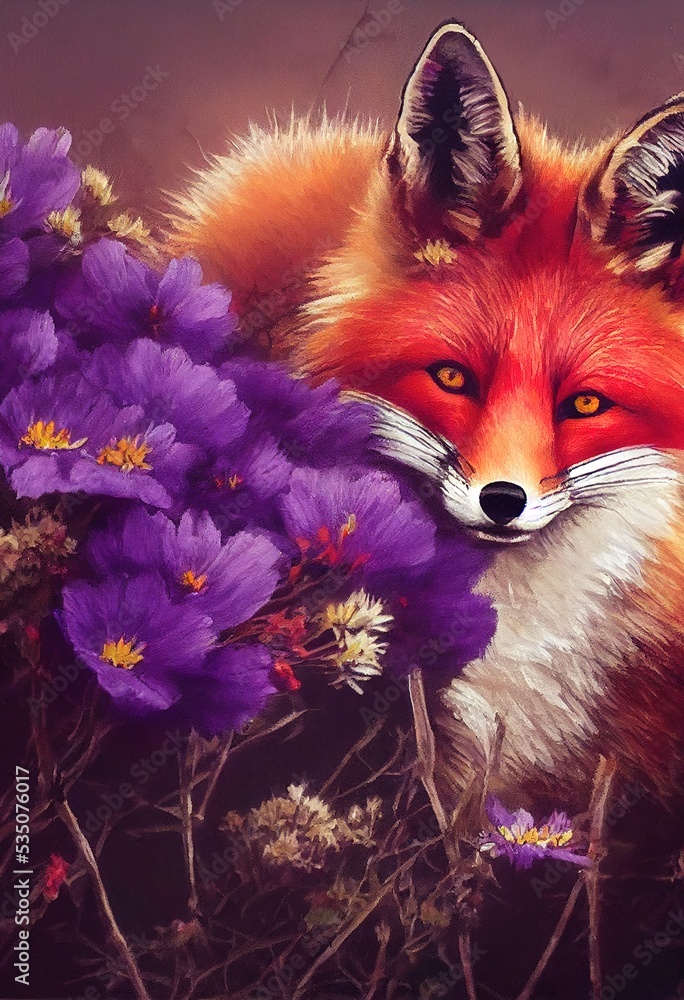 Obraz premium Drawing of a fox in beautiful flowers