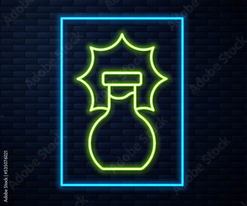 Glowing neon line Chemical experiment, explosion in the flask icon isolated on brick wall background. Chemical explosion in a test tube. Vector