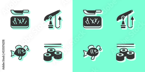 Set Sushi, Cutting board and knife, Tropical fish and Fishing harpoon icon. Vector