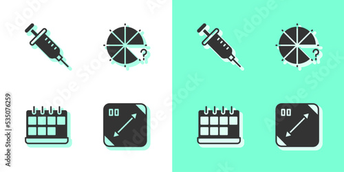 Set Diagonal measuring, Syringe, Calendar and Circle of pieces icon. Vector