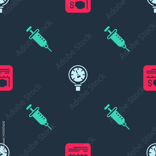 Set Area measurement, Pressure water meter and Syringe on seamless pattern. Vector