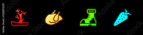 Set Bare tree, Roasted turkey or chicken, Waterproof rubber boot and Carrot icon. Vector