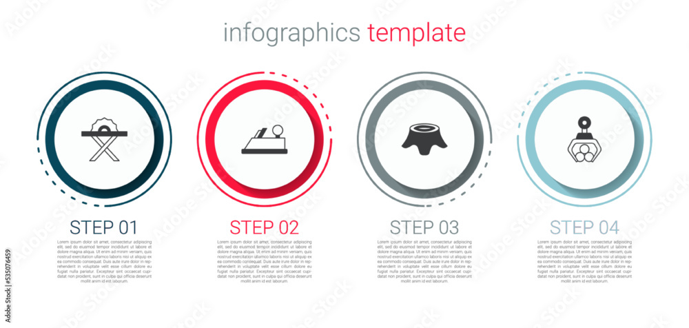 Set Electric circular saw, Wood plane tool, Tree stump and Grapple crane grabbed log. Business infographic template. Vector Set Electric circular saw, Wood plane tool, Tree stump and Grapple crane grabbed log. Business infographic template. Vector