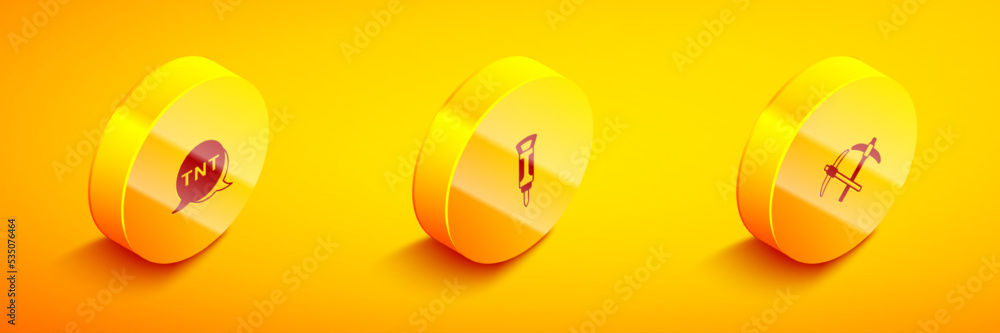 Set Isometric Dynamite, Construction jackhammer and Pickaxe icon. Vector Set Isometric Dynamite, Construction jackhammer and Pickaxe icon. Vector