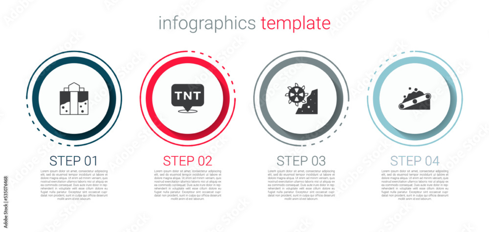 Set Mine entrance, Dynamite, Bucket wheel excavator and Conveyor belt carrying coal. Business infographic template. Vector Set Mine entrance, Dynamite, Bucket wheel excavator and Conveyor belt carrying coal. Business infographic template. Vector