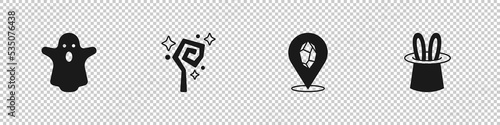 Set Ghost, Magic staff, stone and Magician hat and rabbit ears icon. Vector