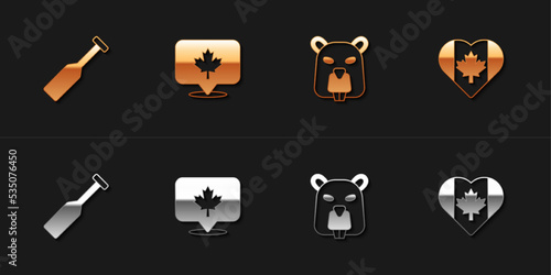 Set Paddle, Canadian maple leaf, Beaver animal and Heart shaped Canada flag icon. Vector