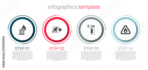 Set Fire in burning building, exit, extinguisher and flame triangle. Business infographic template. Vector