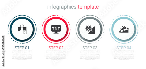 Set Mine entrance, Dynamite, Bucket wheel excavator and Conveyor belt carrying coal. Business infographic template. Vector