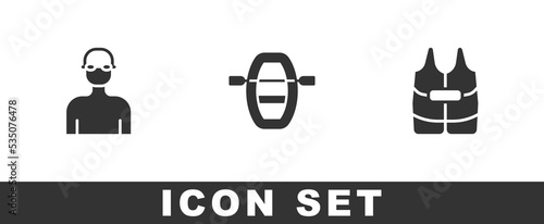 Set Swimmer, Boat with oars and Life jacket icon. Vector