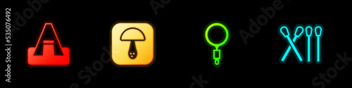 Set Tourist tent, Mushroom, Magnifying glass and Match stick icon. Vector