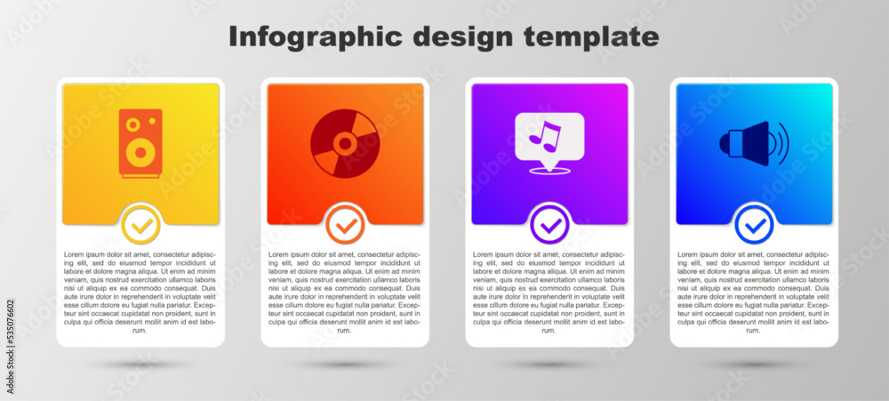Set Stereo speaker, Vinyl disk, Music note, tone and Megaphone. Business infographic template. Vector Set Stereo speaker, Vinyl disk, Music note, tone and Megaphone. Business infographic template. Vector