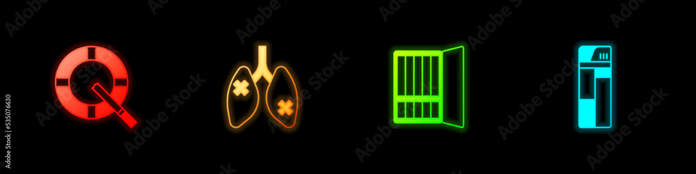 Set Ashtray with cigarette, Disease lungs, Cigarette case and Lighter icon. Vector