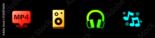 Set MP4 file document, Stereo speaker, Headphones and Music note, tone icon. Vector