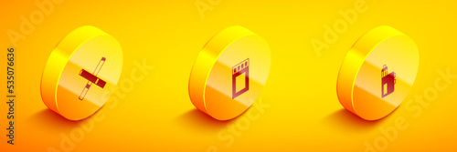 Set Isometric Cigarette, Matchbox and matches and Vape mod device icon. Vector