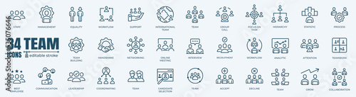 Teamwork or team icon with editable stroke pictogram and minimal thin line web illustration set. Outline icons collection. Simple vector image.