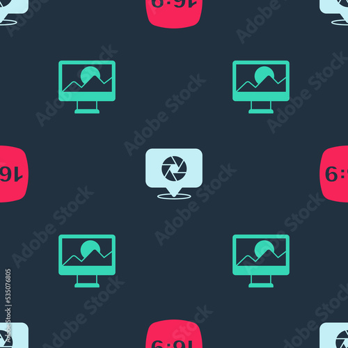 Set Photo frame 16, Camera shutter and retouching on seamless pattern. Vector