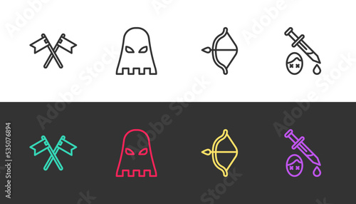 Set line Crossed medieval flag, Executioner mask, Medieval bow and arrow and Sword with blood on black and white. Vector
