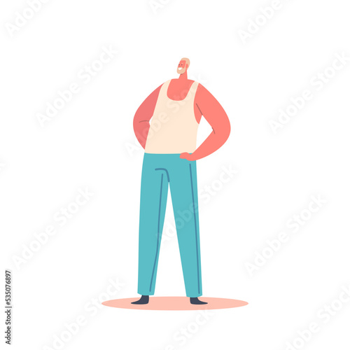Single Male Character Wear Singlet and Blue Trousers Isolated on White Background. Positive Man Stand with Arms Akimbo