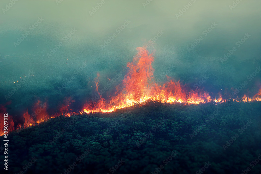 Jungle Forest on Fire Cause by Global Warming, Environment at risk, Climate Change Concept Illustration