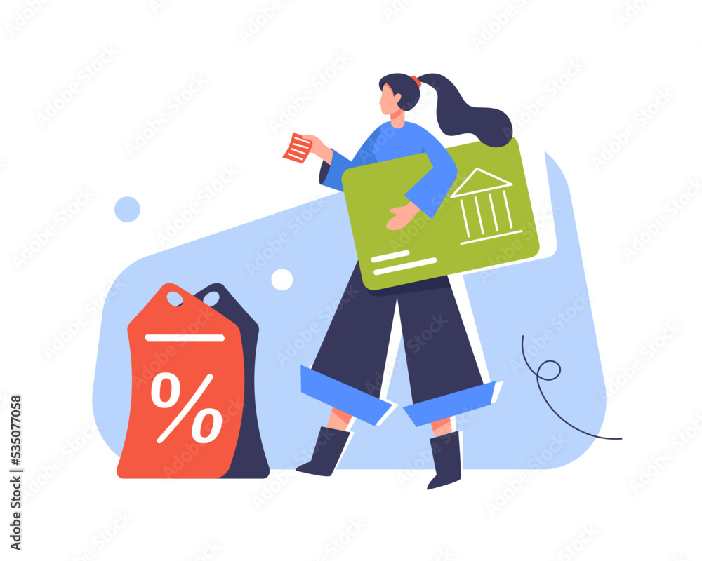 Woman shopper hold big discount coupon and buy in online store or shop on sale presents or gifts through mobile applecation. Concept of online shopping or e-commerce web banner, website advertisement Woman shopper hold big discount coupon and buy in online store or shop on sale presents or gifts through mobile applecation. Concept of online shopping or e-commerce web banner, website advertisement