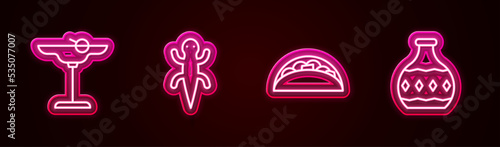 Set line Margarita cocktail, Lizard, Taco with tortilla and Tequila bottle. Glowing neon icon. Vector