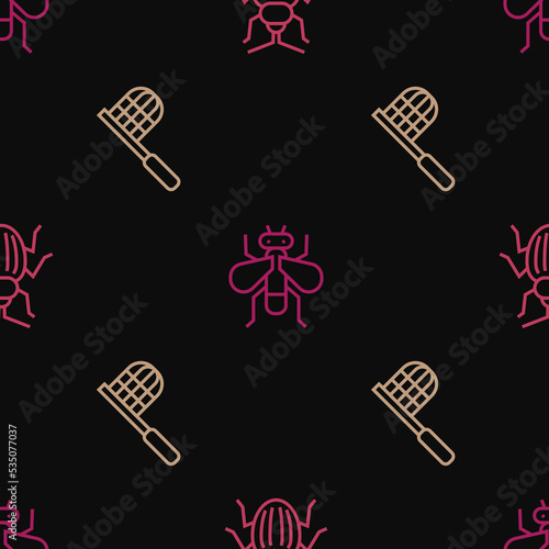 Set line Chafer beetle, Butterfly net and Insect on seamless pattern. Vector