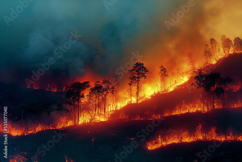 Amazon forest Burning in Wildfire Global Warming Deforestation Higher Temperatures Illustration  © Levin