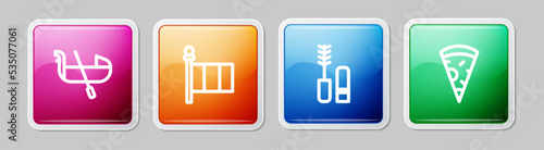 Set line Gondola, Flag Italy, Mascara brush and Slice of pizza. Colorful square button. Vector