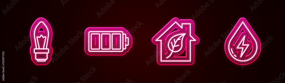 Set line Light bulb, Battery, Eco friendly house and Water energy. Glowing neon icon. Vector Set line Light bulb, Battery, Eco friendly house and Water energy. Glowing neon icon. Vector