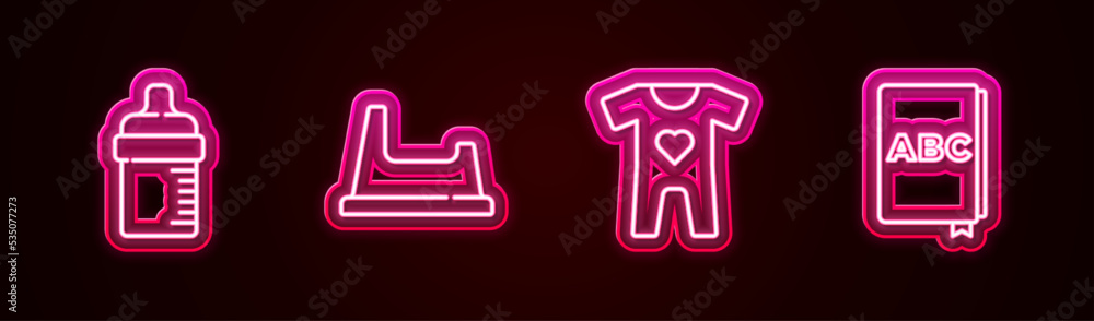 Set line Baby bottle, potty, clothes and ABC book. Glowing neon icon. Vector Set line Baby bottle, potty, clothes and ABC book. Glowing neon icon. Vector