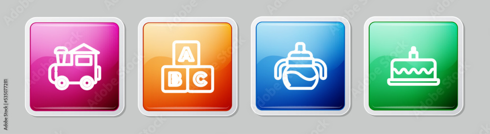 Set line Toy train, ABC blocks, Baby bottle and Cake with burning candles. Colorful square button. Vector Set line Toy train, ABC blocks, Baby bottle and Cake with burning candles. Colorful square button. Vector
