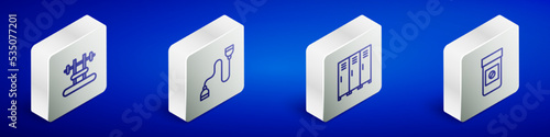 Set Isometric line Bench with barbel, Chest expander, Locker or changing room and Anabolic drugs icon. Vector