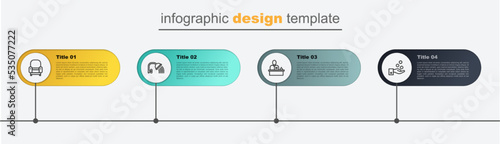 Set line Paying tips, Hotel reception desk, Shower head and Armchair. Business infographic template. Vector