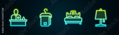 Set line Hotel reception desk, Towel hanger, Bedroom and Table lamp. Glowing neon icon. Vector