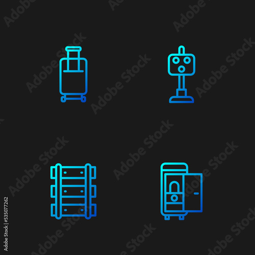 Set line Toilet in the train car, Railway, railroad track, Suitcase and Train traffic light. Gradient color icons. Vector